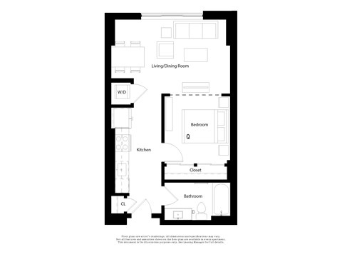 Floor plan for 1 bed, 1 bath, 595 sqft